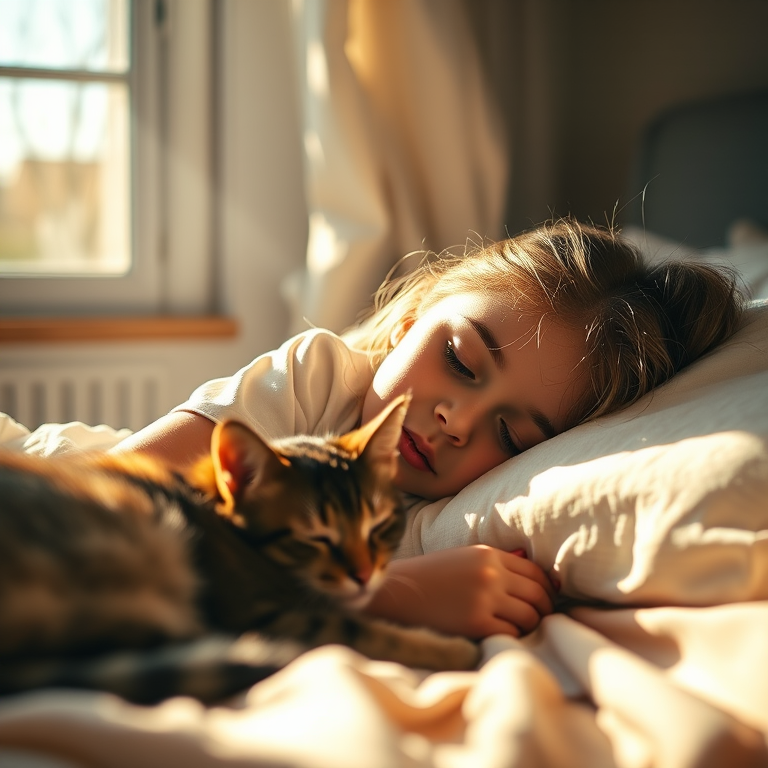 Young girl sleeping peacefully on a bed with a cat, warm sunlight streaming through a window, soft focus, high-resolution, f/2.8 aperture, 50mm lens, ISO 100, natural lighting, cinematic style, portrait orientation.