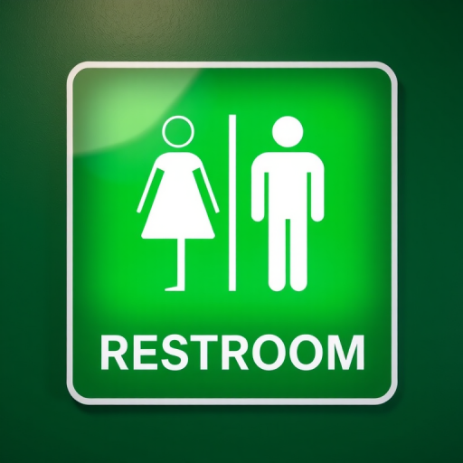 Create a high-resolution restroom sign featuring a stylized woman and man icon, green background, sharp contrast, DSLR camera settings: ISO 100, f/8, 1/200s, 24mm lens, overhead view, minimalistic style.