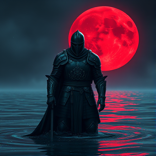 Create a detailed digital illustration of a dark armored knight standing in water, with a large red moon in the background, using a Canon EOS R5 with a 50mm lens at f/1.8, ISO 100, shutter speed 1/200s, in high contrast and vibrant colors, employing a cinematic style to enhance the epic atmosphere.