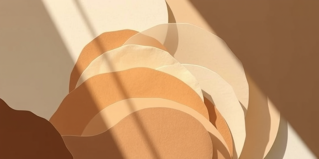 Create a digital abstract artwork featuring layered organic shapes in soft earthy tones of beige, brown, and cream, captured in high resolution with a Canon EOS R5 at f/8, ISO 100, 50mm lens, using a minimalist composition and natural lighting.