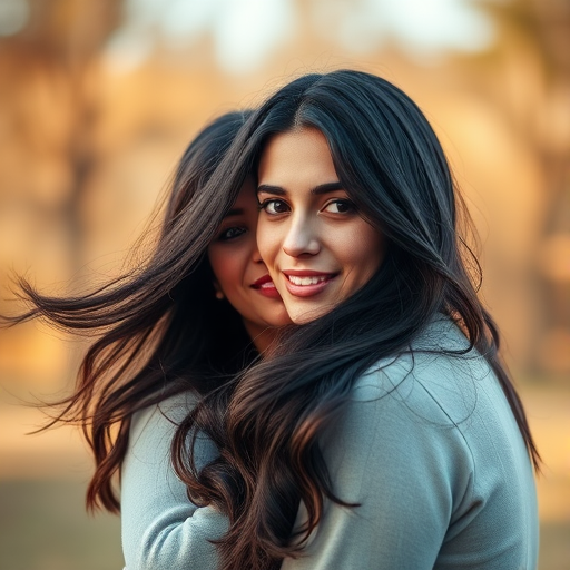 portrait of a couple with flowing dark hair, soft focus background with bokeh effect, warm natural lighting, DSLR camera, 85mm lens, f/1.4 aperture, ISO 100, 1/200 sec, shallow depth of field