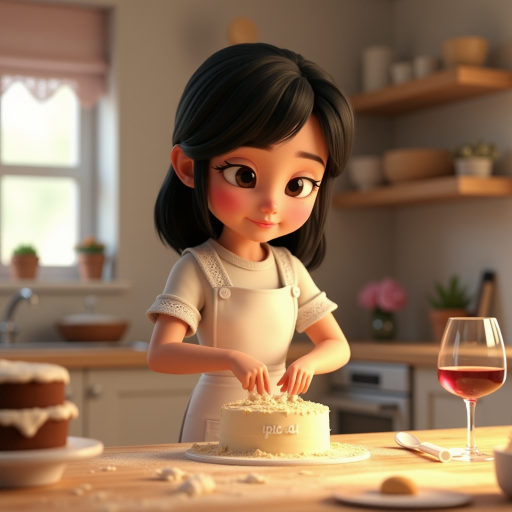 A Pixar-style CGI girl with black hair and black eyes wearing a white apron with lace stands in a kitchen and kneads cake batter. a text "ipic ai" at the table. There is flour dust in the air, a glass of wine on the table and the cake ingredients are scattered around. 3D