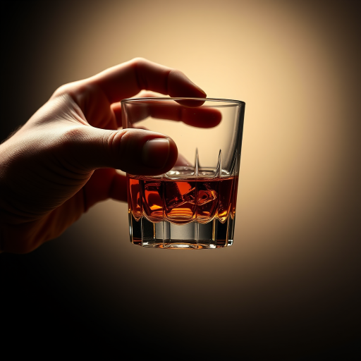 Regenerate an image of a glass of whiskey held in one hand with the other hand rejecting it, using a DSLR camera with a 50mm lens, aperture f/1.8, ISO 100, soft backlighting for dramatic effect, and a shallow depth of field to emphasize the glass and hands.