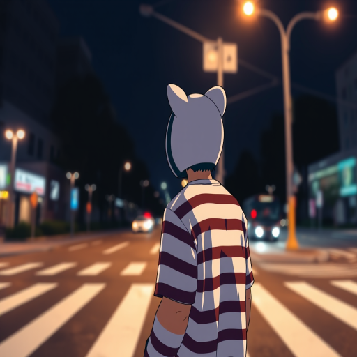 Create a night scene illustration of a person in a striped shirt and a cat ear hat standing at a crosswalk with blurred streetlights in the background, using a DSLR camera with a 50mm lens, aperture f/1.8, ISO 200, and a low angle view to emphasize depth and dynamic lighting.