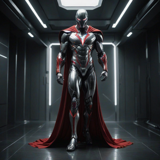 An ultrarealistic photograph of an enormous minimalist futuristic full-body power suit, without lights, made of white metal and polymer, full crystal hull, for a muscular man, imposing, modern minimalism, elegant, dystopia, mysterious, godlike, scary, in a dark room, with a red cape, 8k