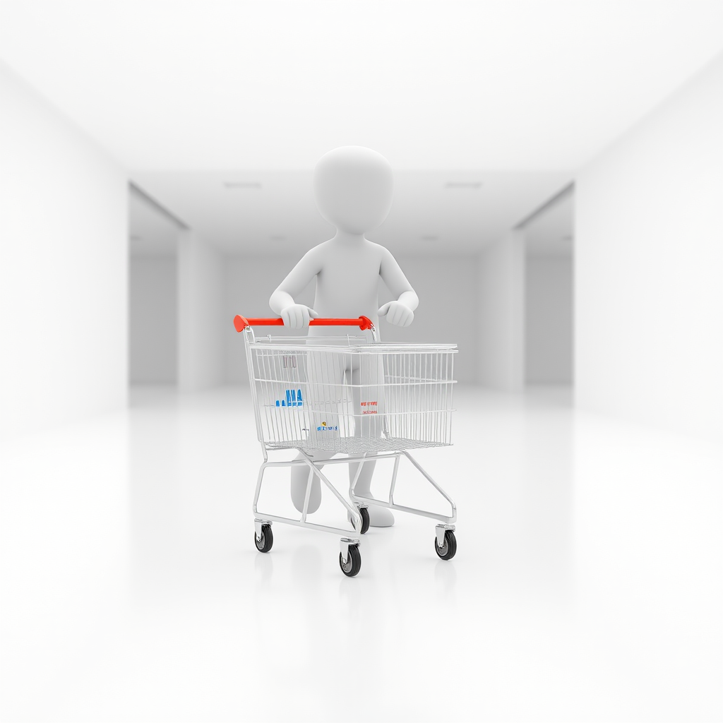Create a 3D rendering of a humanoid figure pushing a shopping cart in a minimalist white environment, use a 50mm lens, aperture f/8, ISO 100, shot from eye level with soft lighting to enhance details.
