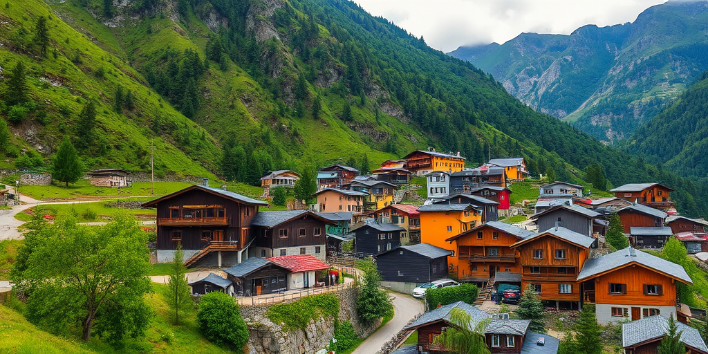 Capture a vibrant mountain village with colorful wooden houses nestled against steep green hills, using a DSLR camera with a 24mm lens, aperture set to f/8 for depth of field, ISO 100 for clarity, and a high dynamic range to enhance textures in the buildings and surroundings.