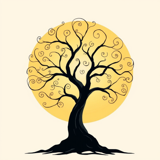 Regenerate a stylized illustration of a tree with swirling branches and a dark base against a transparent background, using a DSLR camera with a 50mm lens, f/2.8 aperture, ISO 100, soft lighting, and a shallow depth of field to enhance details and colors.