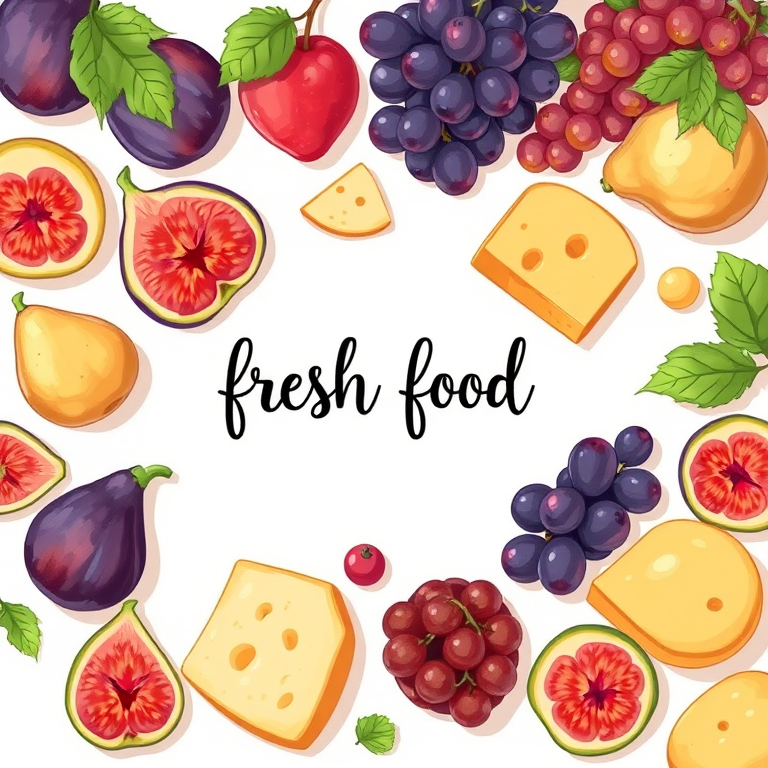 Create a vibrant illustration of various fresh fruits and cheese arranged artfully on a white background, focusing on figs, pears, grapes, and cheese, with a stylish handwritten text "fresh food" at the center; camera settings: ISO 100, f/4.0, 1/125s; camera view: top-down perspective; camera style: cartoonish; camera type: digital illustration.