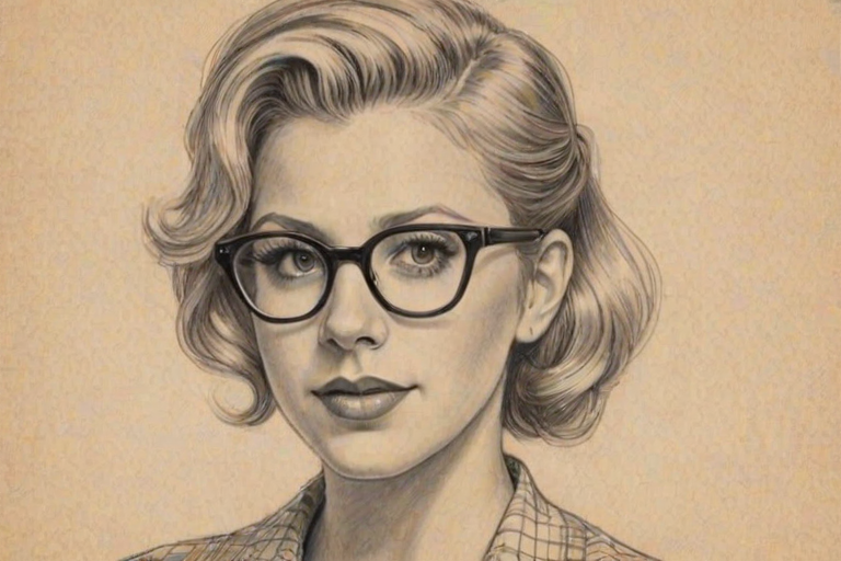 Delightful Jodie Sweetin, pencil sketch, portrait of Delightful woman 1934s in glasses, hair style beatnik, outline, clear lines, fine lines, 8k