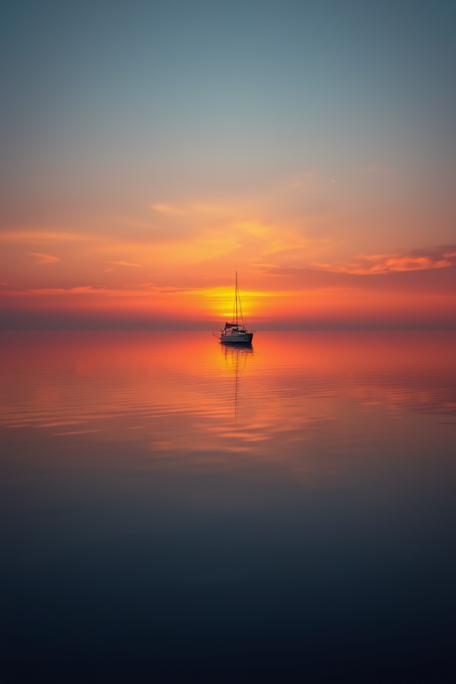 capture a serene sunset over calm waters with a single white boat reflected in the glassy surface, using a Nikon D850, ISO 100, aperture f/8, shutter speed 1/60s, wide-angle lens at 24mm, soft lighting for enhanced colors and clarity
