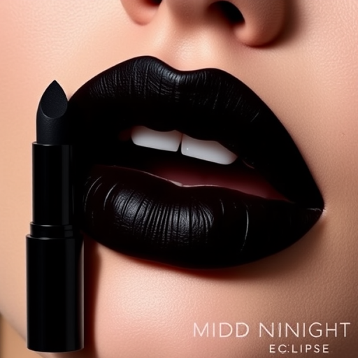 Edgy black "Midnight Eclipse" lipstick envelops full lips in intense, inky color with a satin finish, perfect for creating bold, statement-making looks