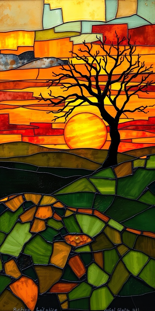 A vibrant abstract painting on Tiffany Glass, blending acrylic and alcohol ink techniques, captures a dramatic sunset over rolling hills. The artwork features a textured, rocky foreground in green and brown, layered abstract hills, and a striking sunset in rich oranges, yellows, and reds. A solitary black tree with intricate branches contrasts against the fiery sky, creating a dynamic and expressive portrayal of a breathtaking natural scene.