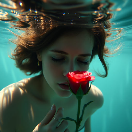 A woman underwater, gazing at a rose Her face is reflected in the water's surface The scene is illuminated by sunlight filtering through the water The atmosphere is serene and contemplative