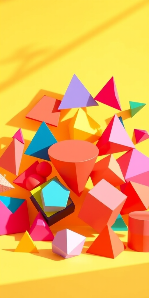 Create a 3D rendering of colorful geometric shapes including triangles and tetrahedrons, set against a soft yellow background, using a Canon EOS R5 with a 50mm lens, aperture f/1.8, ISO 100, in natural light to enhance shadows and reflections, viewed at a slight angle to emphasize depth and dimension.