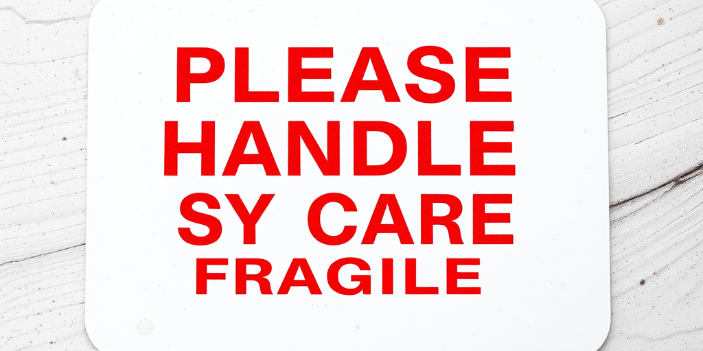 Create an image of a warning sign that reads "PLEASE HANDLE WITH CARE FRAGILE" in bold red letters on a white background, shot with a Canon EOS R5 at f/8, ISO 100, 1/200s, top-down view, high contrast, emphasizing the texture and vibrant colors.