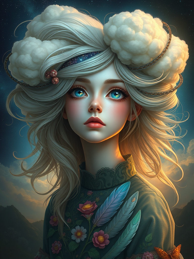 Create a series of imaginative portraits where each subject is infused with elements of fantasy and nature. The hair of the individuals should flow like clouds, varying from soft, fluffy cumulus to wispy cirrus strands, with hints of color reflecting a sunset or a clear blue sky. The eyes should be windows to entire galaxies, with stars, nebulae, and distant planets visible within them. Clothing should be adorned with nature motifs, such as floral patterns that bloom and change, vines that seem to grow and wrap around, or feathers that shimmer with iridescence. Each portrait should capture a unique personality, blending human features with the ethereal beauty of the natural and cosmic world. The backgrounds can vary, from starry night skies to enchanted forests, adding depth and context to the magical realism of the portraits