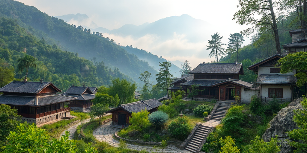An ancient Asian architectural complex nestled in a tranquil valley, featuring buildings with traditional East Asian characteristics, including upturned eaves and black tiled roofs. The surrounding area is lush with dense trees and green vegetation, complemented by rocks and mountains, creating a serene and mystical atmosphere. The complex consists of several houses arranged orderly at different elevations, with stone-paved paths winding up the slopes. Distant peaks are faintly visible through the mist, adding a touch of ethereal beauty. The scene is bathed in soft light, giving it an air of timeless tranquility where time seems to slow down.