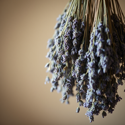 Still life of hanging dried lavender bundles, soft natural light, shallow depth of field, 50mm lens, f/2.8 aperture, ISO 100, focus on texture and detail, warm neutral background.