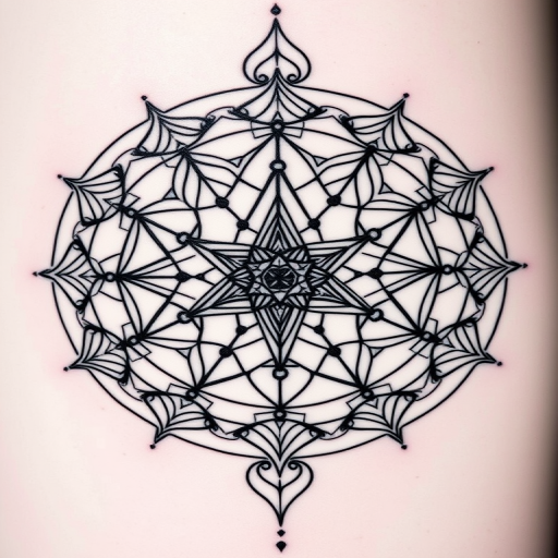 Intricate blackwork geometric tattoo called "Sacred Symmetry" showcasing a complex arrangement of precise lines, dots, and shapes forming a mandala-like design with hidden sacred geometry symbols embedded within, utilizing negative space to create depth and dimension, ideal for individuals drawn to minimalist yet powerful tattoo styles that convey balance and harmony