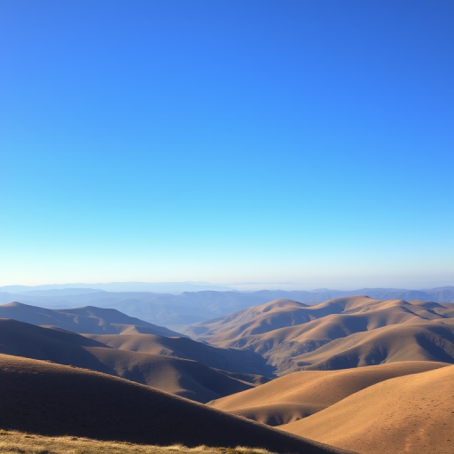 Generate a high-resolution image of a serene landscape featuring rolling hills under a clear blue sky, captured with a DSLR camera at f/8 aperture, ISO 100, 1/250 second shutter speed, using a wide-angle lens with a focus on vibrant colors and sharp details.