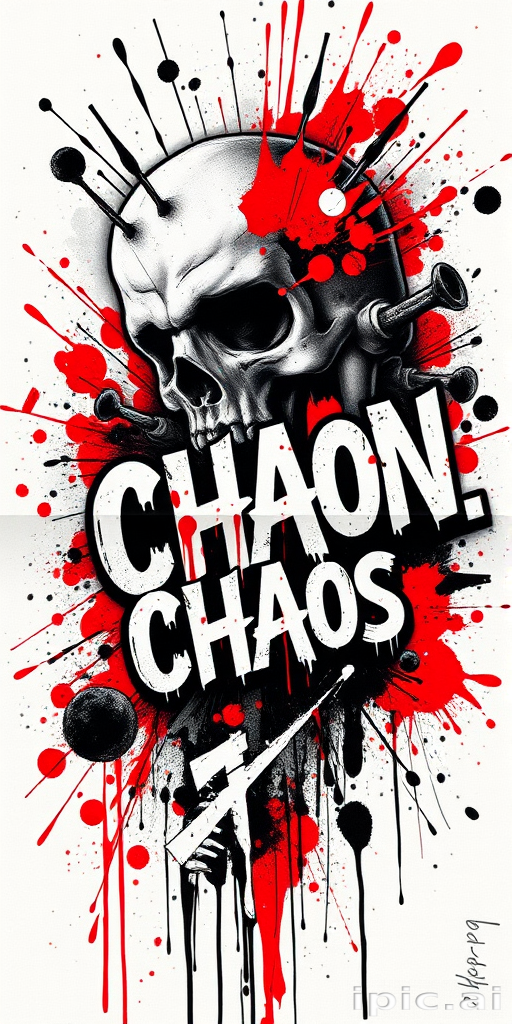 Trash polka tattoo artwork named "Urban Chaos" combining realistic black and grey elements with abstract splashes of vibrant red to create a dynamic and edgy design with text and graphic elements