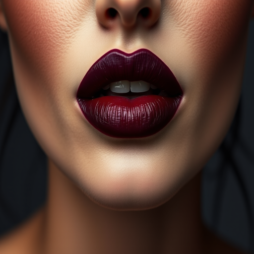 Sultry woman lips painted in deep plum matte lipstick with glossy center, full face portrait exuding sensual allure and magnetic presence