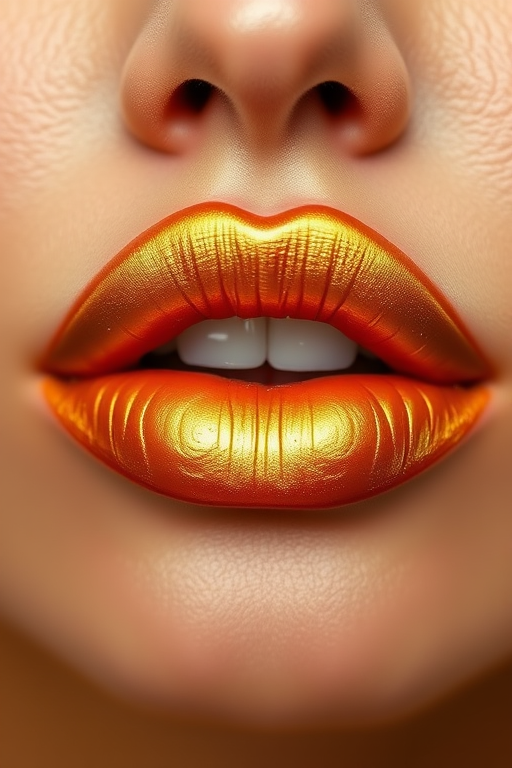 Luxurious "Golden Honey" lip color features a warm, metallic gold shade with a subtle bronze undertone, adding a touch of opulence and complementing a wide range of skin tones