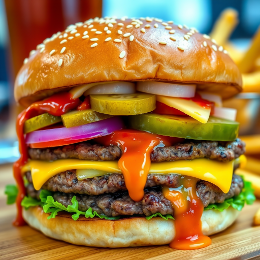 High-resolution, close-up image of a gourmet double cheeseburger. The burger features a glossy, sesame-seed-topped brioche bun. Inside, there are two thick, juicy beef patties, each topped with melted cheddar cheese. The burger is garnished with fresh lettuce, tomato slices, diced onions, and pickles. A generous amount of ketchup and a creamy, orange-colored sauce is dripping down the sides, adding to the mouth-watering appeal. In the background, there are blurred elements including a side of golden French fries and a hint of a beverage, enhancing the overall presentation of a delicious meal.
