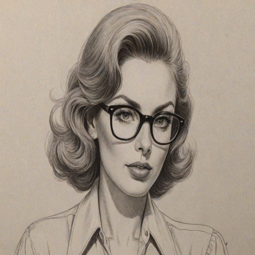 Superb Tina Louise, pencil sketch, portrait of Comely woman 1942s in glasses, hair style beatnik, outline, clear lines, fine lines, 8k