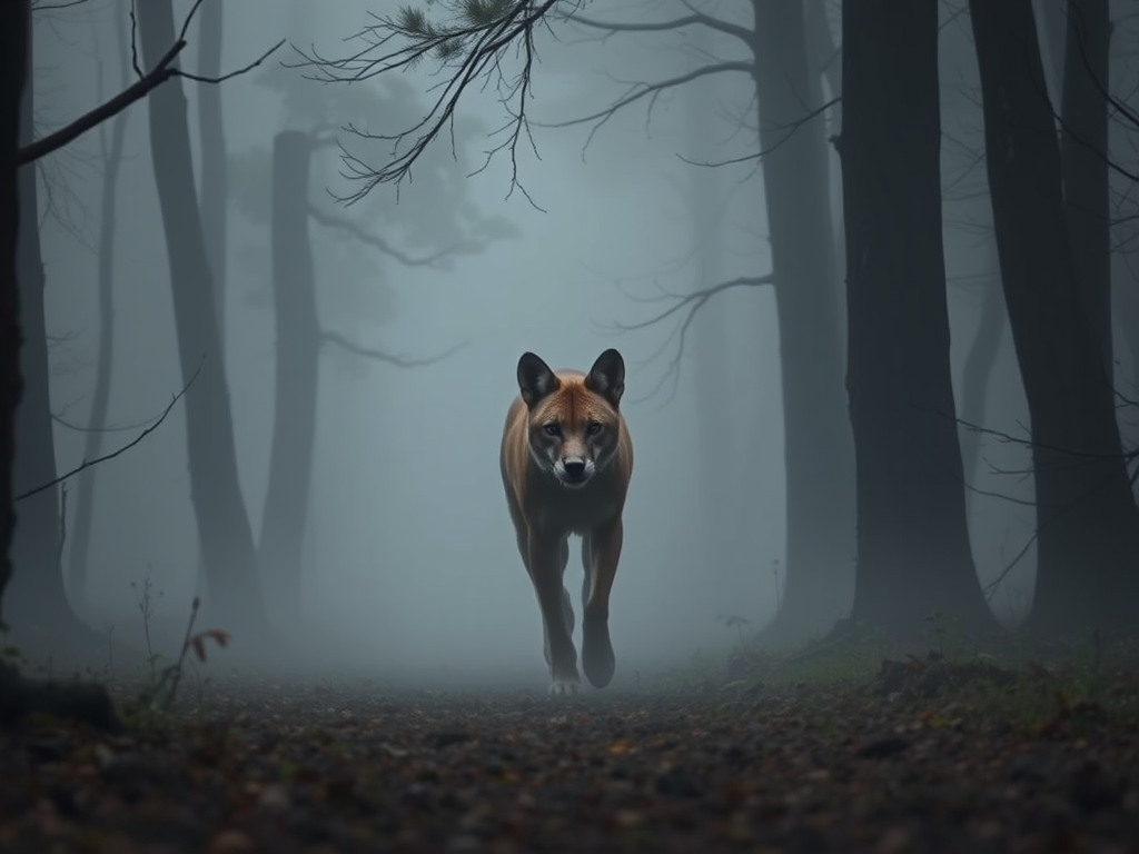 A Thylacine walking through a fog shrouded forest.