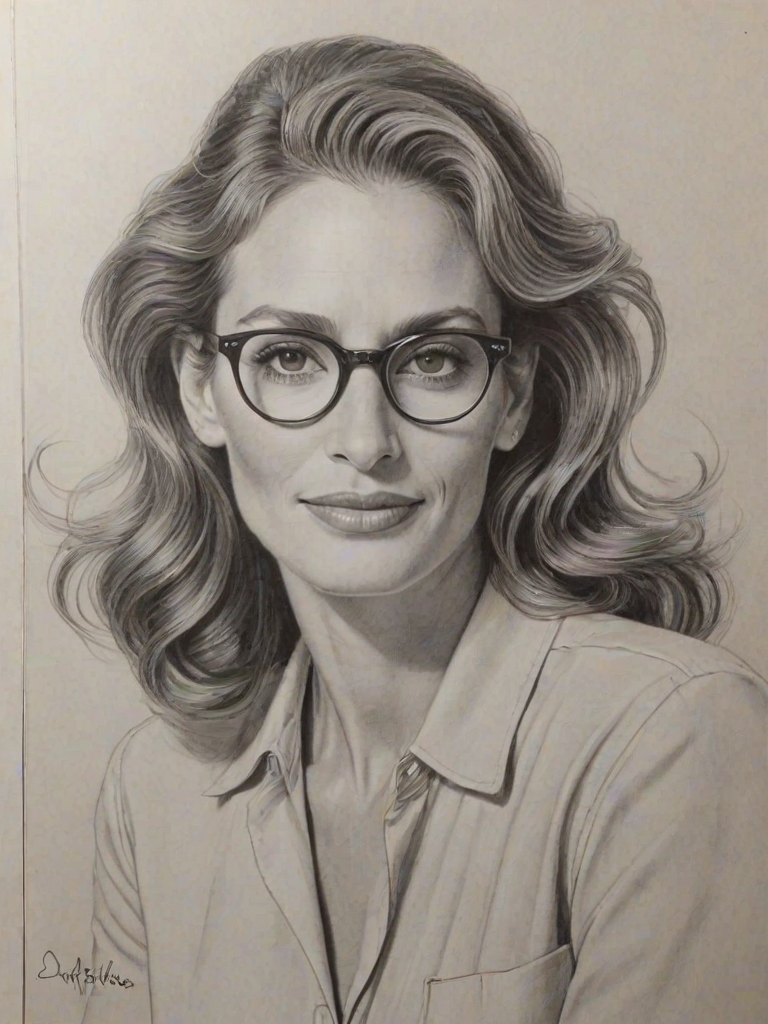 Magnificent Julia Roberts, pencil sketch, portrait of Superb woman 1940s in glasses, hair style beatnik, outline, clear lines, fine lines, 8k