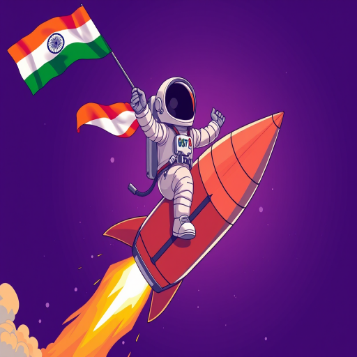 Create an illustration of an astronaut holding an Indian flag while riding a rocket, bright colors, high contrast, view from slightly below to emphasize the rocket's height, camera settings: f/8, ISO 100, 1/250s, DSLR camera style, high-resolution digital art.