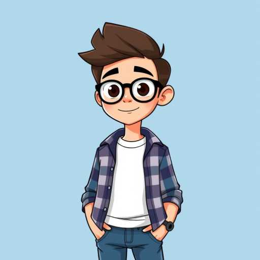 Create an illustration of a stylized cartoon character resembling a young man with glasses, wearing a plaid shirt over a t-shirt and jeans, set against a solid light blue background; use a Canon EOS R, 50mm f/1.8 lens, natural lighting, and a vibrant color palette to enhance the image quality.