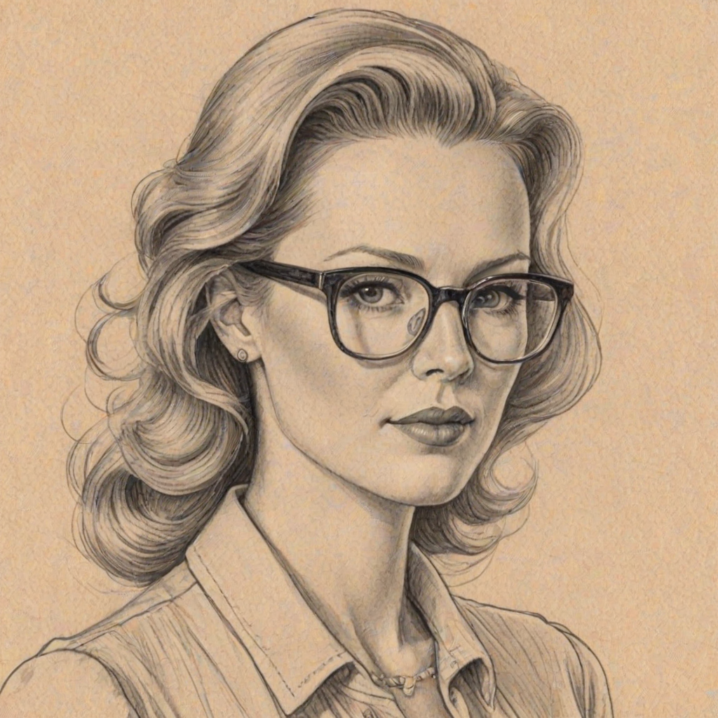 Graceful Sandra Lee, pencil sketch, portrait of Enticing woman 1944s in glasses, hair style beatnik, outline, clear lines, fine lines, 8k