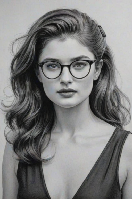 Graceful Eve Hewson, pencil sketch, portrait of Captivating woman 1943s in glasses, hair style beatnik, outline, clear lines, fine lines, 8k