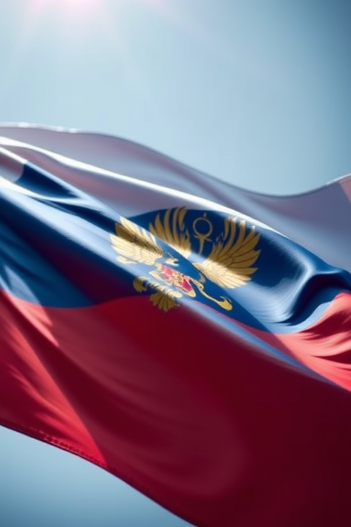 Create an image of a waving flag of Russia with vibrant colors, captured in high resolution with a DSLR camera, 50mm lens, f/2.8 aperture, ISO 200, shot from a low angle to enhance the 3D effect and add dynamic movement.