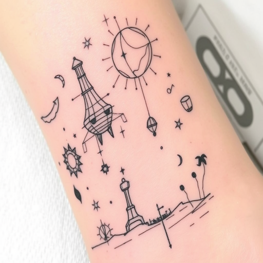 Sketch-style tattoo named "Ephemeral Dreams" featuring loose, gestural lines and crosshatching to create a whimsical scene of floating objects and surreal imagery, as if drawn directly on the skin