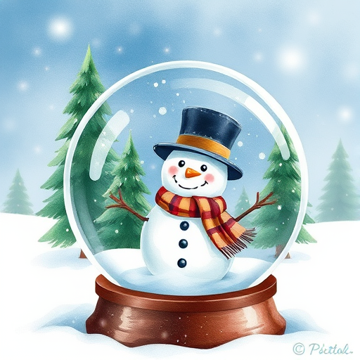 Create a high-resolution watercolor illustration of a snow globe featuring a snowman wearing a top hat and scarf, surrounded by pine trees, captured in a soft-focus style with a 50mm lens, f/2.8 aperture, and natural lighting to enhance colors and details.