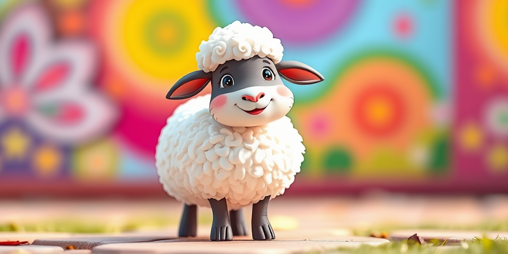 Create a cute cartoon sheep character standing happily, with a bright and colorful background, using a DSLR camera with a 50mm lens, f/1.8 aperture, ISO 200, natural lighting to enhance image quality.