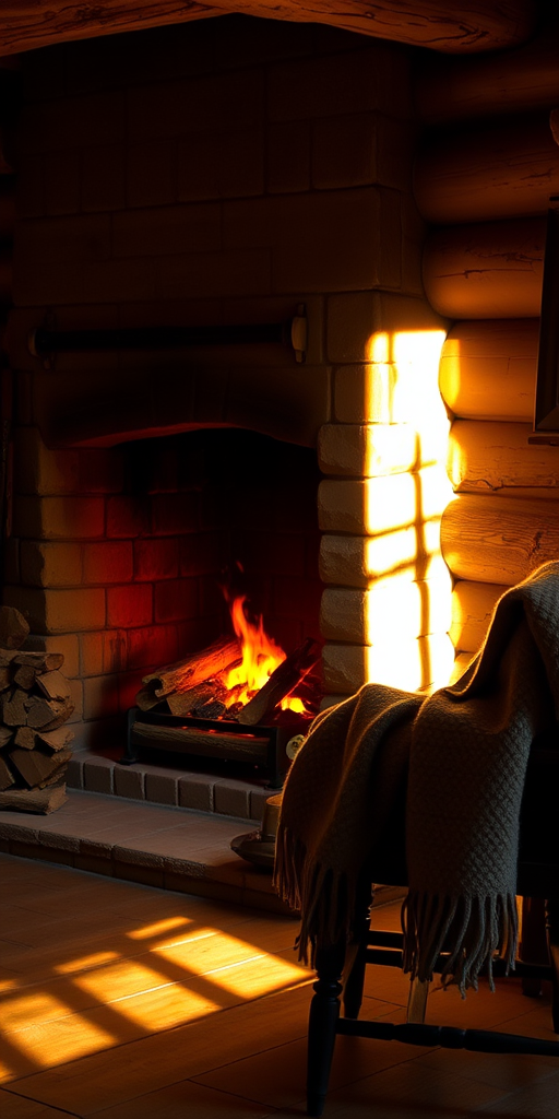 Warmly lit photo of a cozy fireplace in a rustic cabin, with soft light from the flames casting long shadows, and a stack of firewood and a woolen blanket draped over a nearby chair.
