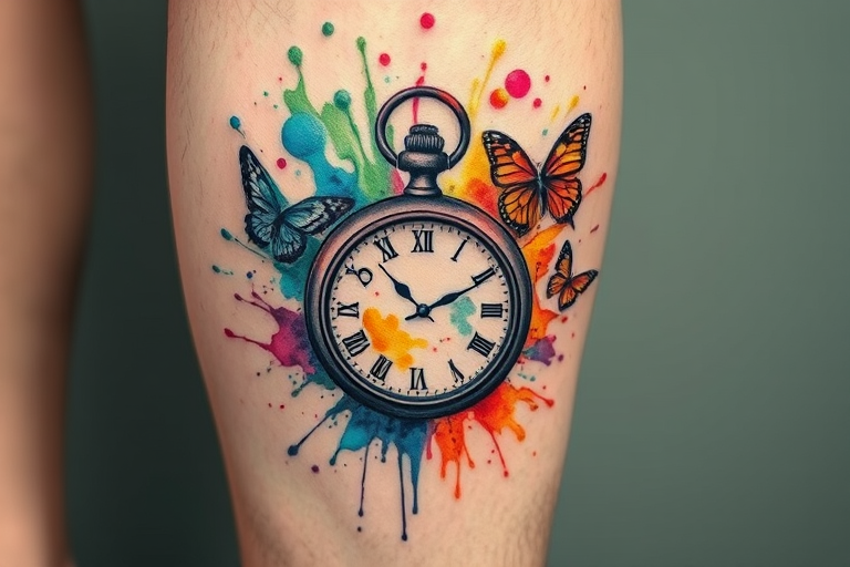 Surrealist watercolor tattoo on the calf, portraying a melting pocket watch surrounded by floating butterflies and abstract paint splatters in vibrant rainbow hues