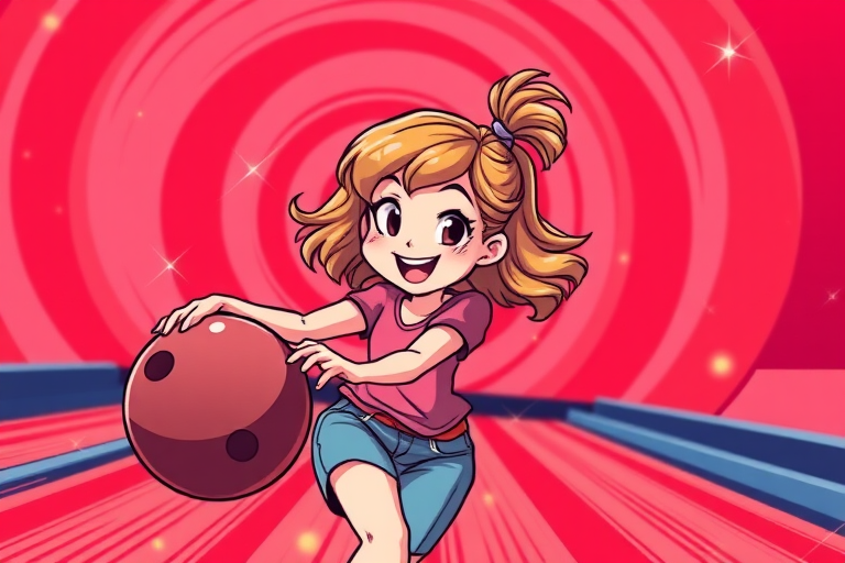 Generate a vibrant cartoon image of a cheerful girl bowling, with a dynamic red swirl background featuring sparkles, shot with a DSLR camera at 50mm focal length, f/2.8 aperture, shallow depth of field, and 1/200s shutter speed.