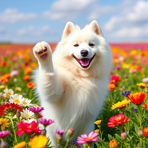 A fluffy white Samoyed dog playfully posing in a field of colorful blooming flowers with a bright sky in the background. The dog is smiling and raising its paw, showcasing its friendly demeanor.