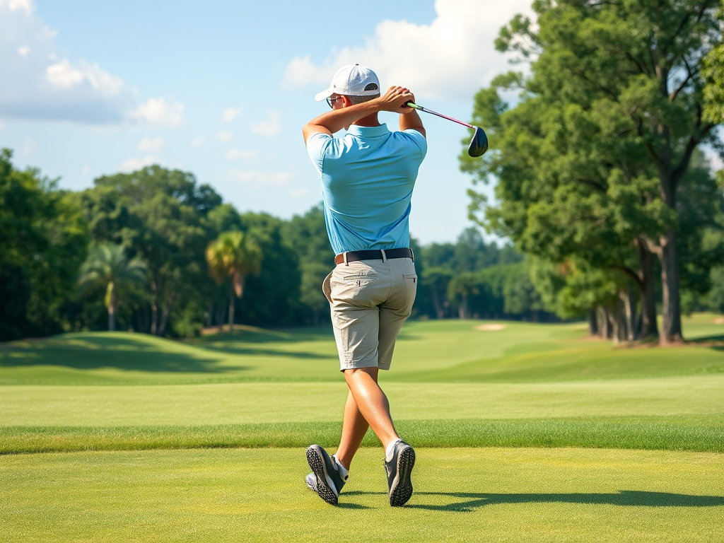 Create a high-resolution digital illustration of a male golfer in mid-swing, wearing a light blue shirt and khaki shorts, on a lush green golf course, captured with a Canon EOS R5, 50mm f/1.2 lens, aperture set to f/2.8, ISO 100, and natural daylight to enhance colors and details.