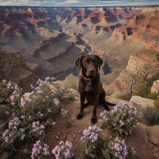 dark and unsettling dream showing in Grand Canyon, USA, Overhead View, sage and brown Labrador Retriever is esthetic, captivating spring bloom on the background , avatar of elements. magical surrealism, wizardry. best quality, high resolution (embedding:dw01-3400:0.8) <lora:F_QuinnXL:0.8>