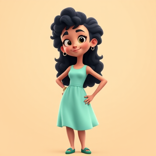 Create a vibrant cartoon-style illustration of a girl with curly black hair wearing a mint green dress, standing confidently with one hand on her hip, 3D rendering, soft lighting, high resolution, Canon EOS 5D Mark IV, 50mm f/1.8 lens, aperture f/4, ISO 200.