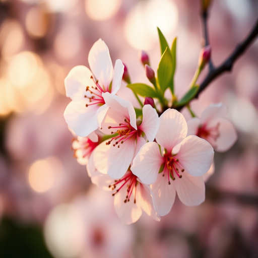 Close-up shot of cherry blossom flowers with soft bokeh background, 50mm lens, f/1.8 aperture, ISO 100, natural light, DSLR camera, prime lens, shot at golden hour for enhanced color saturation.
