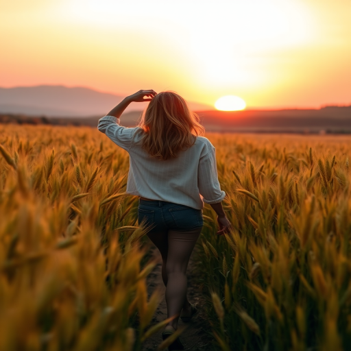 Golden wheat field, the sun setting behind distant hills, a woman walks slowly through the tall stalks, her hands brushing the tops as the sky turns a brilliant shade of pink.