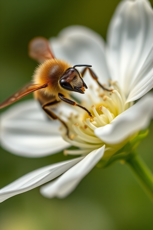 Close-up of a bee on a white flower with a shallow depth of field, shot with a macro lens, aperture f/2.8, ISO 100, shutter speed 1/250s, natural light, captured with a DSLR camera.